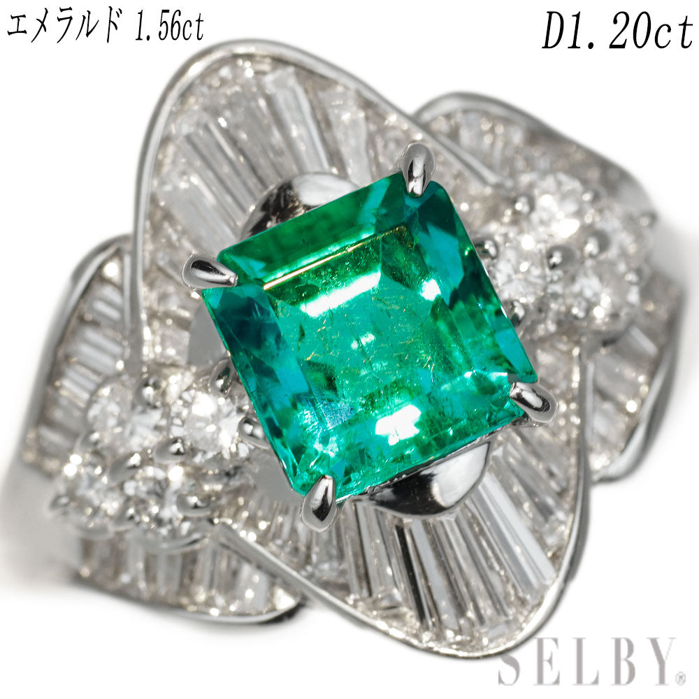 Pt900 Emerald Diamond Ring 1.56ct D1.20ct 