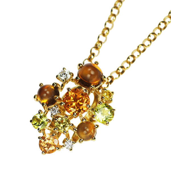 Tasaki Pearl K18YG Spessartine Garnet Citrine Peridot Quartz Diamond Pendant Necklace D0.04ct 