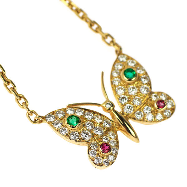 K18YG Emerald Ruby Diamond Pendant Necklace Butterfly 