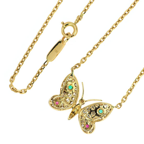 K18YG Emerald Ruby Diamond Pendant Necklace Butterfly 