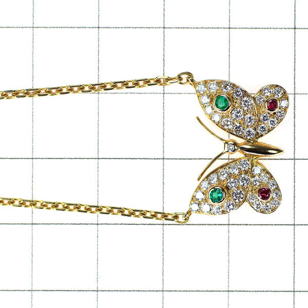 K18YG Emerald Ruby Diamond Pendant Necklace Butterfly 