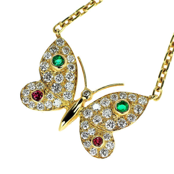 K18YG Emerald Ruby Diamond Pendant Necklace Butterfly 