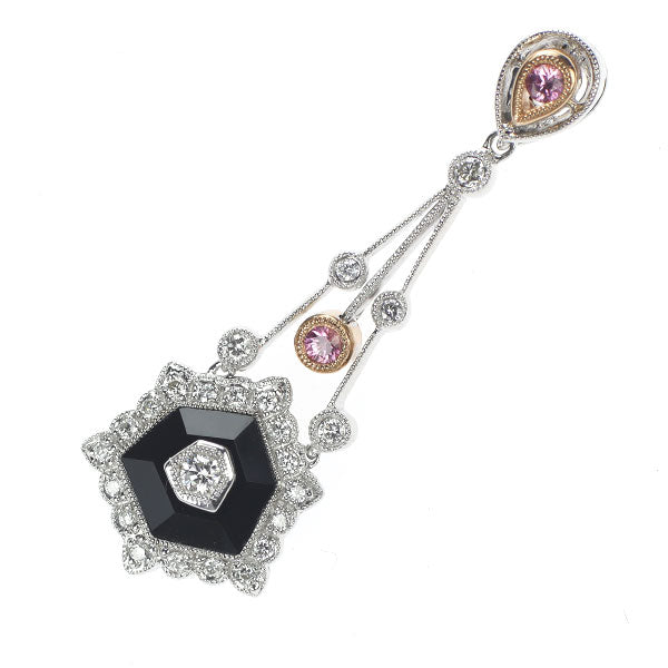 K18WG/PG Diamond Pink Sapphire Onyx Pendant Top 0.24ct S0.10ct 