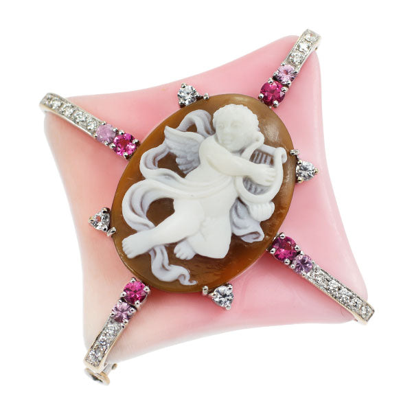 Ayako Yoshida K18WGYG Conch Shell Cameo Pink/White Sapphire Diamond Brooch 60.00ct 10.22ct S0.94ct D0.20ct 