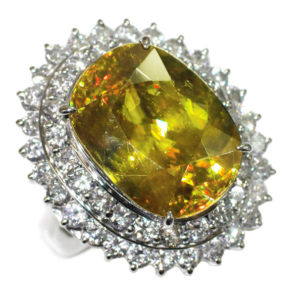 Pt900 Sphene Diamond Ring 17.70ct D2.84ct 