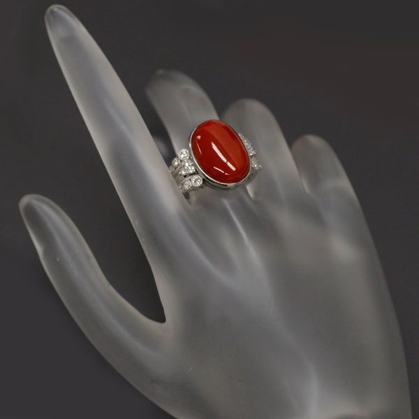 Pt900 Coral Diamond Ring 10.10ct D0.40ct 