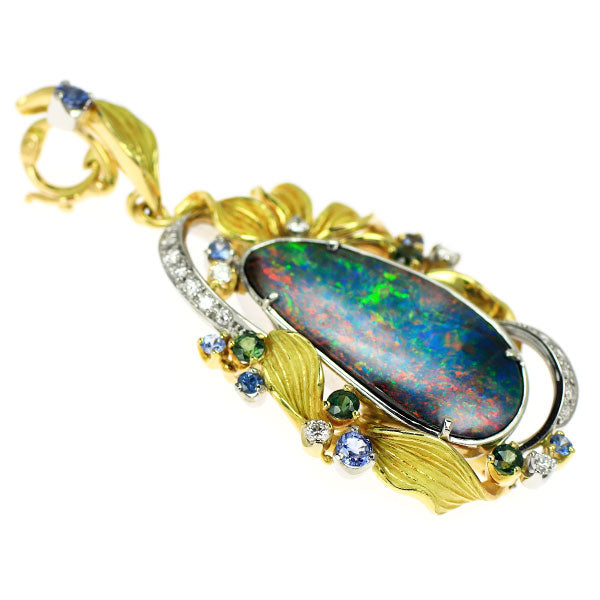 Sayoko Wakabayashi K18YG/Pt900 Boulder Opal Sapphire Tourmaline Diamond Pendant Top 14.22ct D0.31ct 