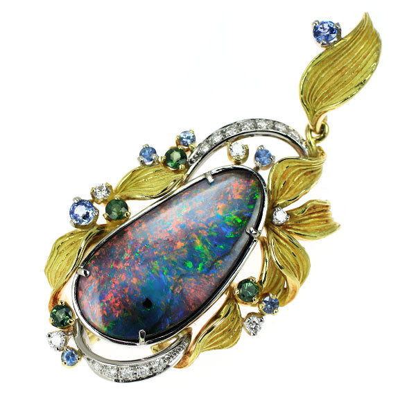 Sayoko Wakabayashi K18YG/Pt900 Boulder Opal Sapphire Tourmaline Diamond Pendant Top 14.22ct D0.31ct 