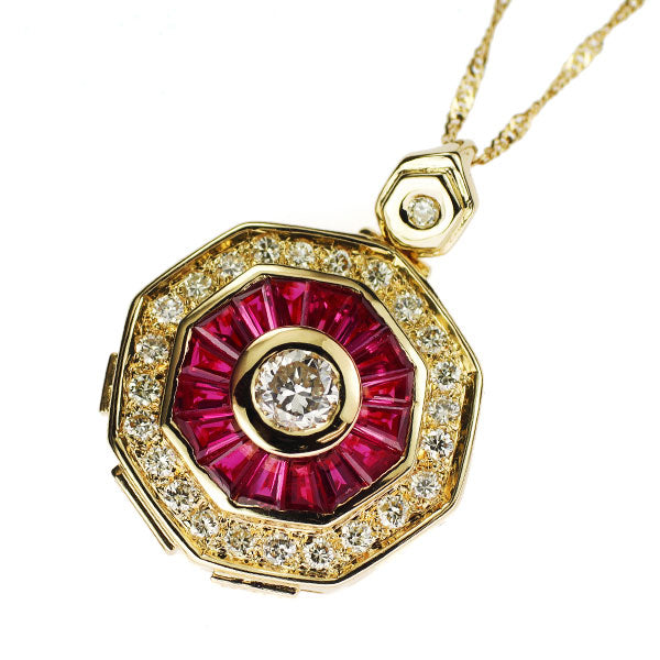 K18YG Calibré Cut Ruby Diamond Pendant Necklace 2.00ct D0.45ct 