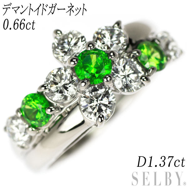 Rare Pt900 Demantoid Garnet Diamond Ring 0.66ct D1.37ct Flower 