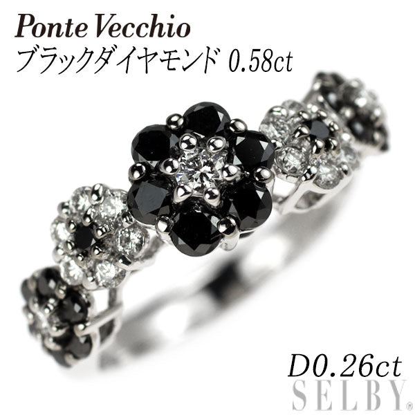 Ponte Vecchio K18WG Black/Colorless Diamond Ring 0.58ct D0.26ct Flower 