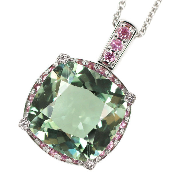 Mauboussin K18WG Green Quartz Pink Sapphire Diamond Pendant Necklace Couleur D'Amour 