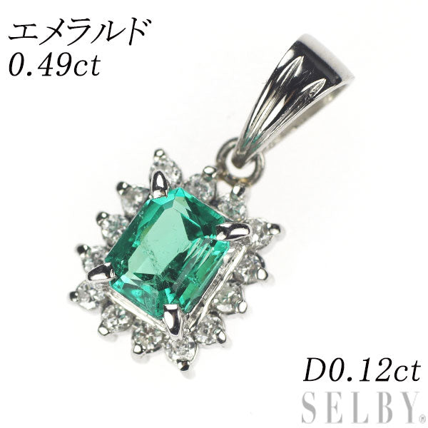 Pt900 emerald diamond pendant top 0.49ct D0.12ct 