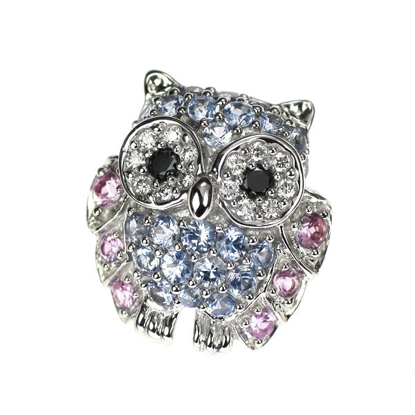 K18WG Blue/Pink Sapphire Diamond Pendant Top 0.55ct D0.10ct Owl 