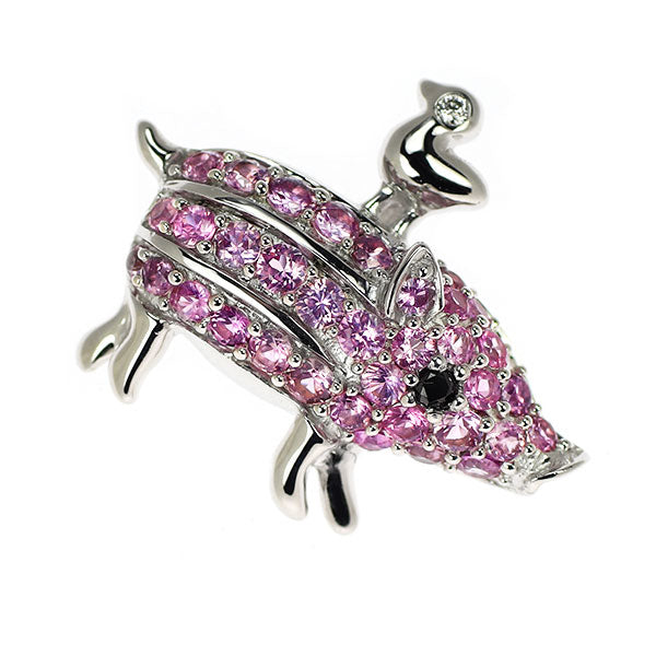 K18WG Pink Sapphire Diamond Pendant Top Pig and Little Bird 