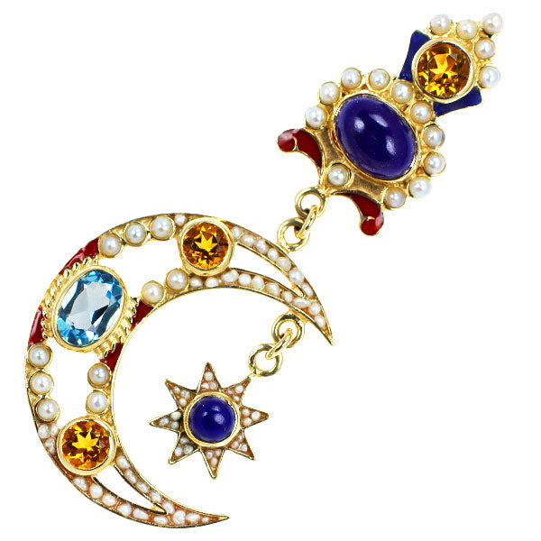 Victorian's Gate Enamel/K10YG Lapis Lazuli Blue Topaz Citrine Seed Pearl Pendant Top 0.84ct BT0.58ct C0.53ct 