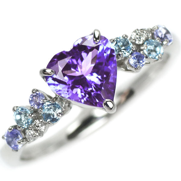 Pt900 Heart Shape Tanzanite Blue Topaz Diamond Ring 1.12ct BT0.16ct TZ0.11ct D0.03ct 