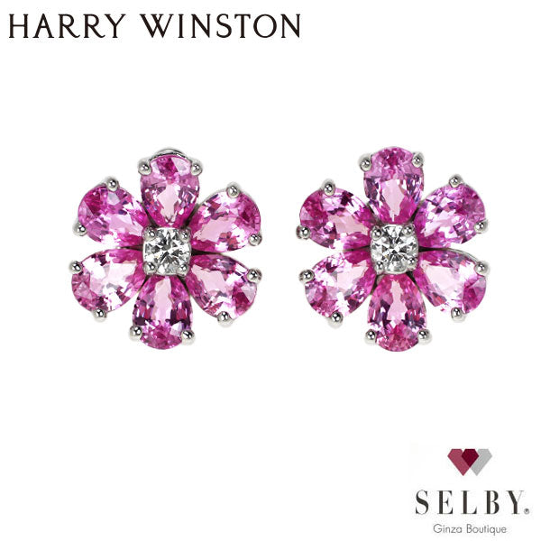 Harry Winston Pt950 Pink Sapphire Diamond Earrings "Forget Me Not" 《Selby Ginza Store》 