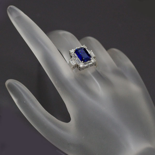 Pt900 エメラルドカット サファイア ダイヤモンド リング 3.01ct D1.45ct