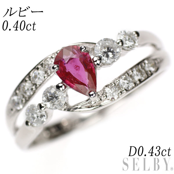 Pt900 Pear Shape Ruby Diamond Ring 0.40ct D0.43ct 