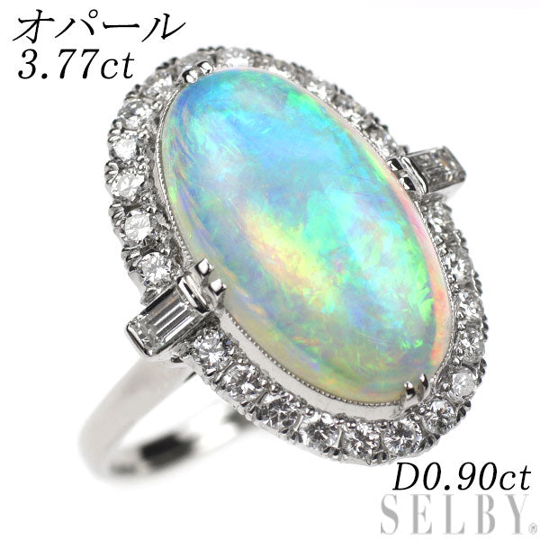 Pt800 オパール ダイヤモンド リング 3.77ct D0.90ct 陽刻ヴィンテージ 千本透かし