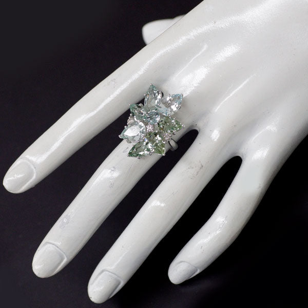 K18WG ブルー/グリーンベリル ダイヤモンド リング 9.79ct D0.20ct