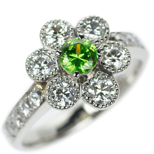 Rare Pt900 Demantoid Garnet Diamond Ring 0.35ct D0.89ct Flower 