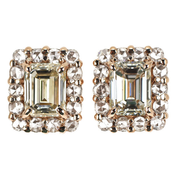 New K18PG Emerald Cut Diamond Rose Cut Diamond Earrings 0.959ct K/M VS2/SI2 D0.24ct [Escore] 