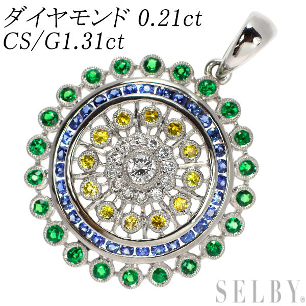 Pt900 ダイヤモンド カラーサファイア グリーンガーネット ペンダントトップ 0.21ct CS/G1.31ct