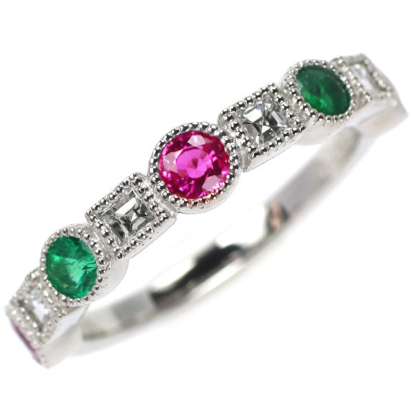 Pt950 Ruby/Emerald Diamond Ring 0.92ct D0.26ct 