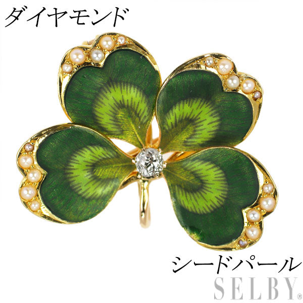 Enamel/K14YG Diamond Seed Pearl Brooch Clover 