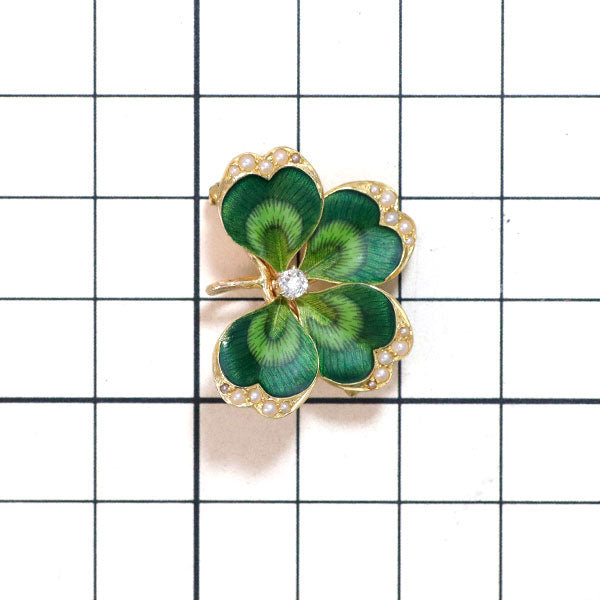 Enamel/K14YG Diamond Seed Pearl Brooch Clover 