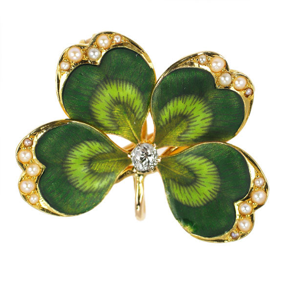 Enamel/K14YG Diamond Seed Pearl Brooch Clover 