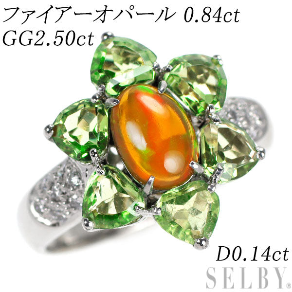 K18WG Fire Opal Grossularite Garnet Diamond Ring 0.84ct GG2.50ct D0.14ct 