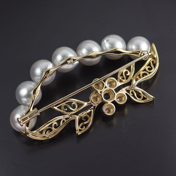 K18YG Natural Gray Akoya Pearl Sapphire Diamond Brooch Diameter approx. 8.0-8.5mm S0.14ct D0.25ct 