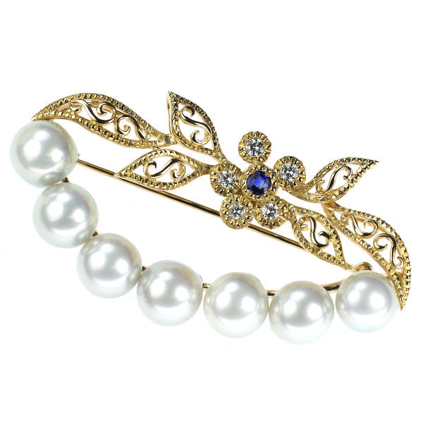 K18YG Natural Gray Akoya Pearl Sapphire Diamond Brooch Diameter approx. 8.0-8.5mm S0.14ct D0.25ct 