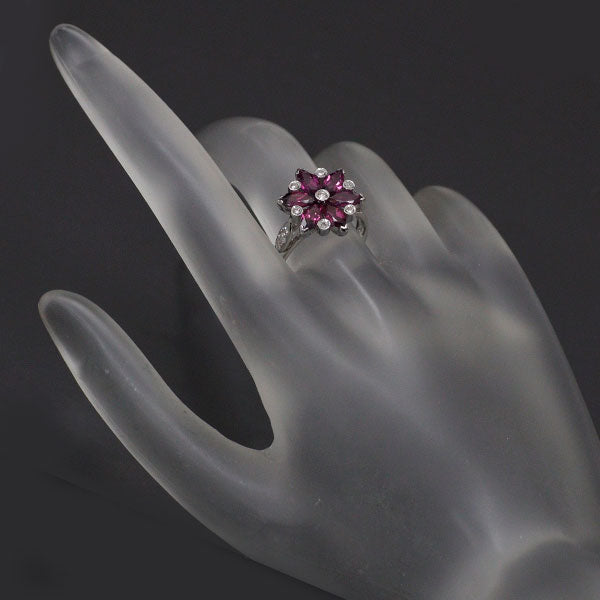 K18WG Marquise Cut Rhodolite Garnet Diamond Ring D0.13ct Flower 