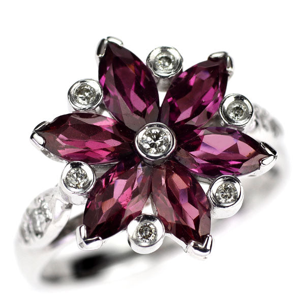 K18WG Marquise Cut Rhodolite Garnet Diamond Ring D0.13ct Flower 