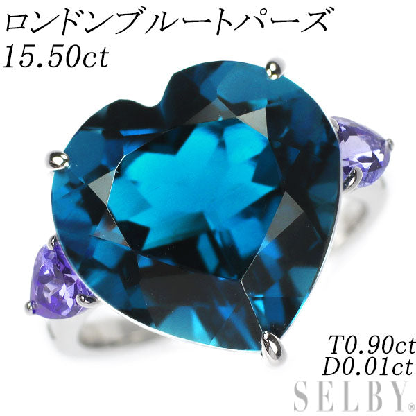 K18WG ハートシェイプ ロンドンブルートパーズ タンザナイト ダイヤモンド リング 15.50ct T0.90ct D0.01ct