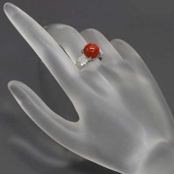 Pt900 coral diamond ring diameter approx. 9.0mm D0.32ct 