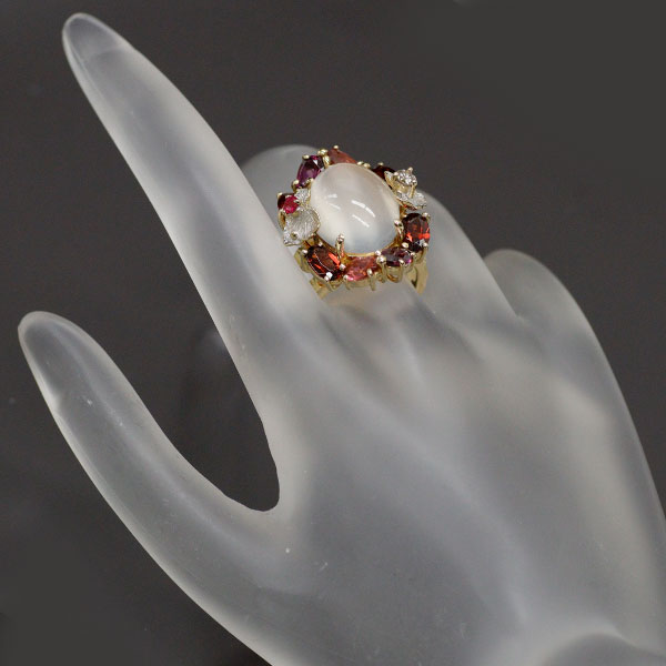 Sachi Fukuhara K18YG/WG Moonstone Cat's Eye Ruby Garnet Diamond Ring 9.73ct D0.11ct 