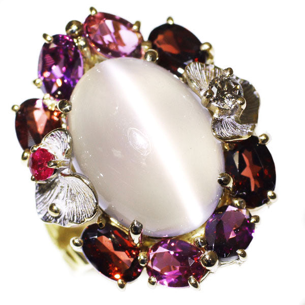Sachi Fukuhara K18YG/WG Moonstone Cat's Eye Ruby Garnet Diamond Ring 9.73ct D0.11ct 