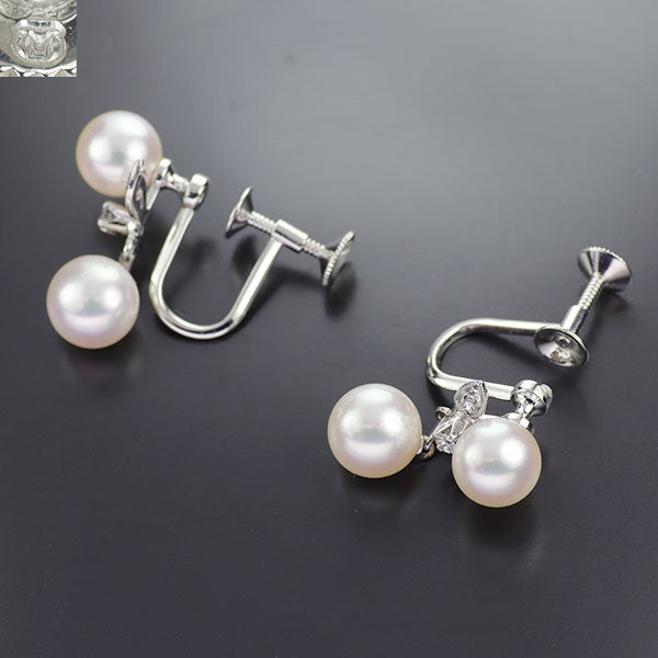 MIKIMOTO K14WG Akoya pearl diamond earrings, diameter approx. 7.0-7.5mm 