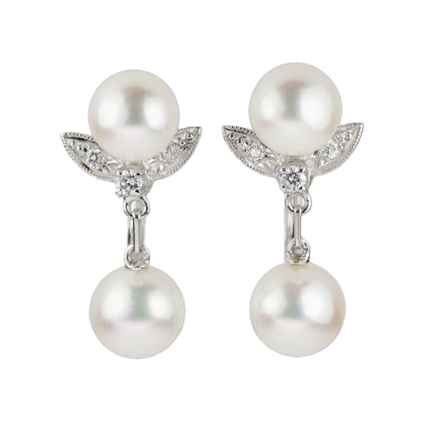 MIKIMOTO K14WG Akoya pearl diamond earrings, diameter approx. 7.0-7.5mm 