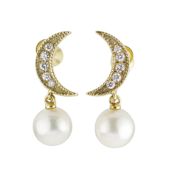 MIKIMOTO K18YG Akoya pearl diamond earrings, diameter approx. 7.0mm, moon 