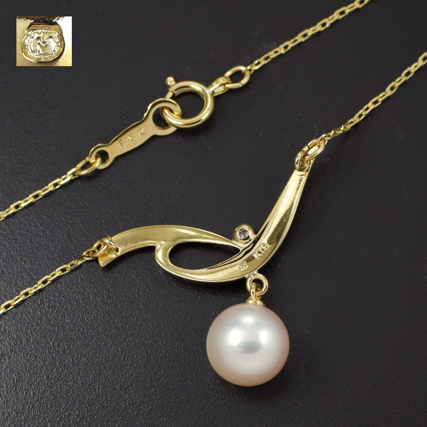 MIKIMOTO K18YG Akoya pearl diamond pendant necklace, diameter approx. 7.4mm 