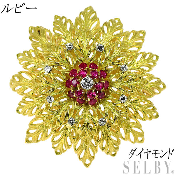 K18YG/WG Ruby Diamond Brooch Plant 