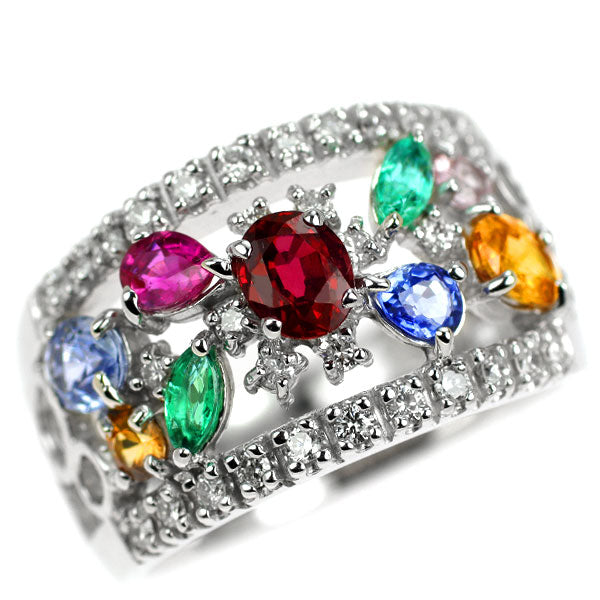 Rare K18WG Unheated Pigeon Blood Ruby Sapphire Emerald Diamond Ring 0.46ct S1.01ct E0.19ct D0.37ct 