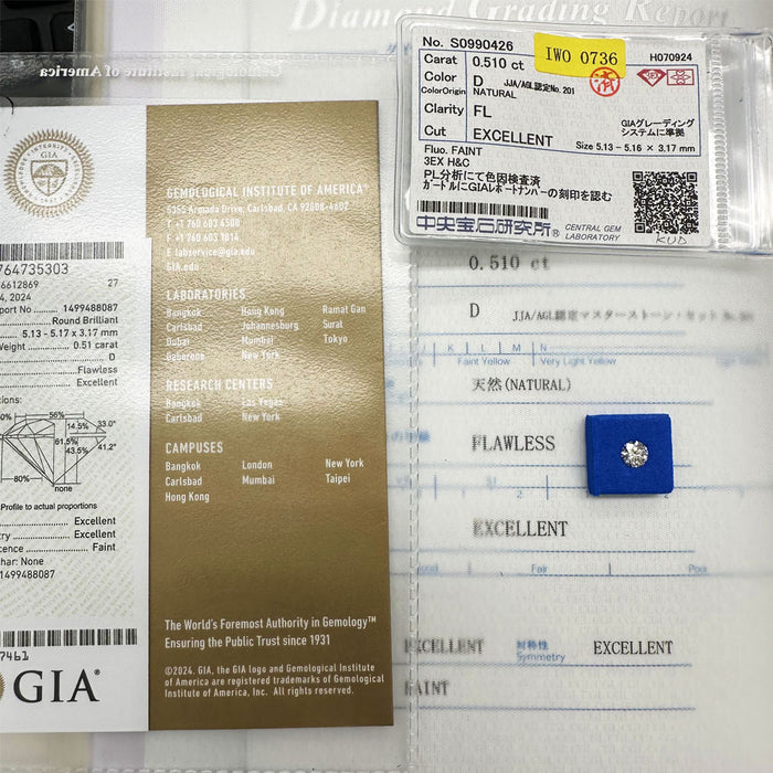 新品 GIA/CGLタイプ2a確認済 ダイヤモンド ルース 0.51ct D FL 3EXH&C