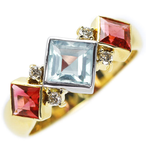 K18YG/Pt850 アクアマリン ピンクトルマリン ダイヤモンド リング 0.59ct PT0.69ct D0.08ct